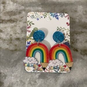 Rainbow Pencil Earrings with Blue Glitter Studs